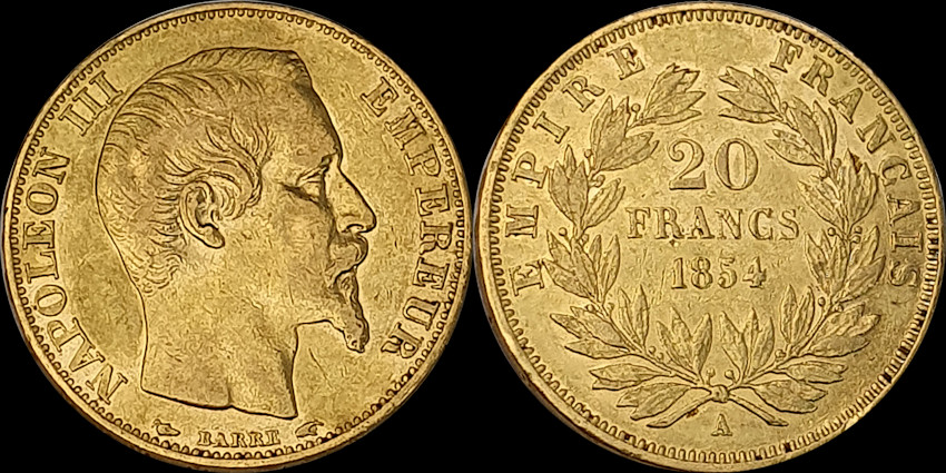 Goldmünze Frankreich 20 Francs Napoleon III 1854